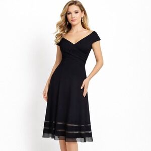 Tadashi Shoji Pintuck Jersey Portrait Cocktail Dress Black Medium Mother 6L1143M